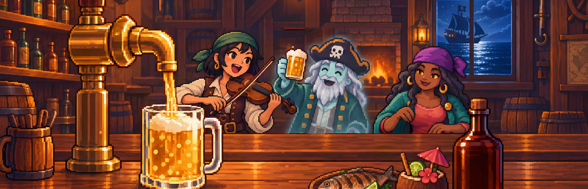Grog & Grudges: pirates celebrating at a tavern bar while grog pours from a brass tap