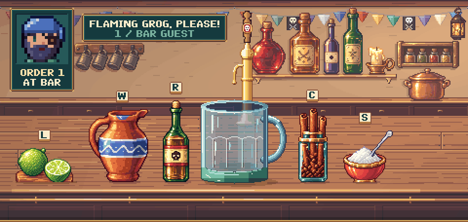 Pouring a flaming grog and sliding it down the bar